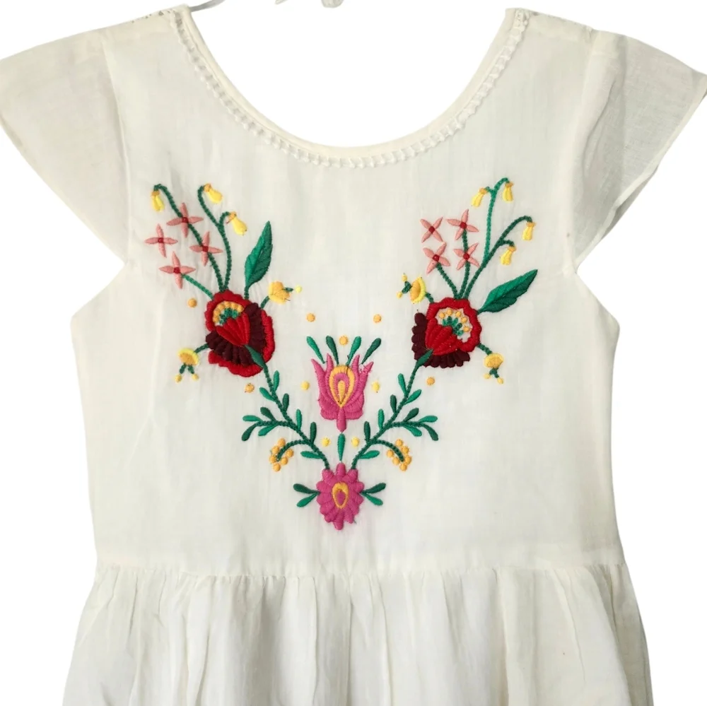 DERHY KIDS Gauzy Embroidered‎ Floral Bohemian 100% Cotton Dress Sz 10/12 Wedding